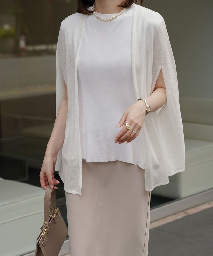 ケープ ニット カーディガン HUIT ホワイト/ベージュ/ブラック レディース シアー 薄手 ラメ オフィス 冷房対策 きれいめ 洗える