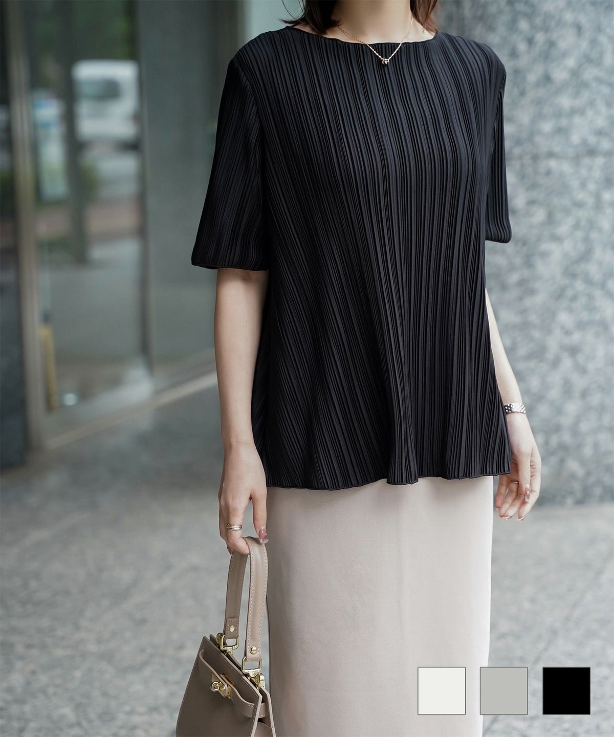 プリーツ トップス HUIT レディース ブラウス  半袖 アイボリー ライトグレー ブラック プリーツ トップス HUIT