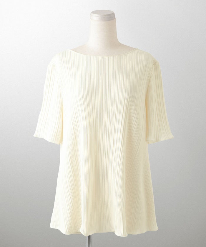 プリーツ トップス HUIT レディース ブラウス 半袖 アイボリー ライトグレー ブラック