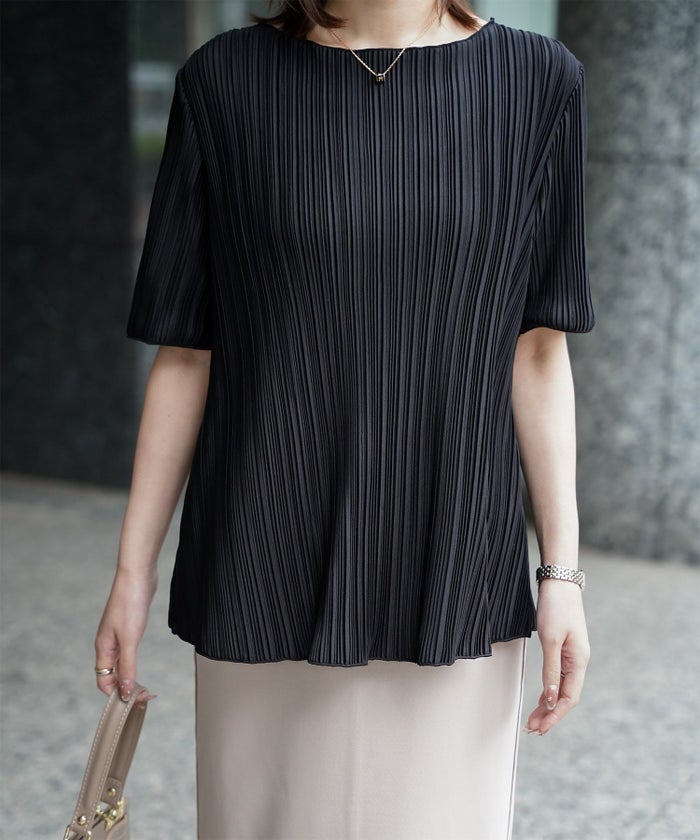 プリーツ トップス HUIT レディース ブラウス 半袖 アイボリー ライトグレー ブラック