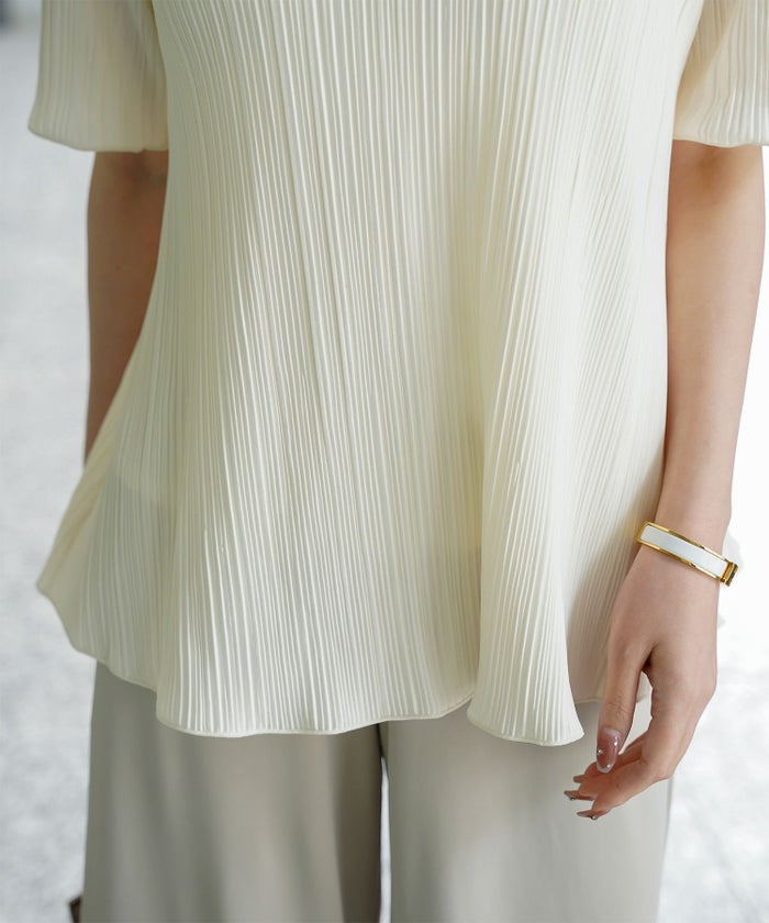 プリーツ トップス HUIT レディース ブラウス 半袖 アイボリー ライトグレー ブラック