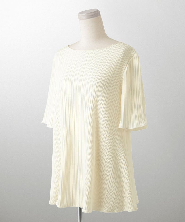 プリーツ トップス HUIT レディース ブラウス 半袖 アイボリー ライトグレー ブラック