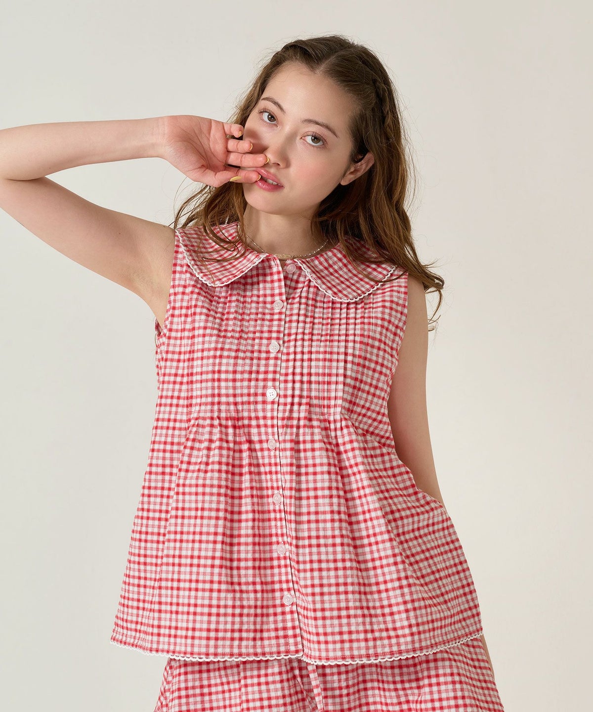 ノースリーブ/ ブラウス/チェック/レッド