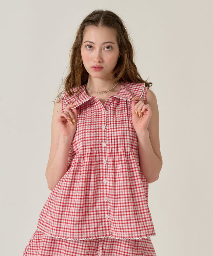 ノースリーブ/ ブラウス/チェック/レッド