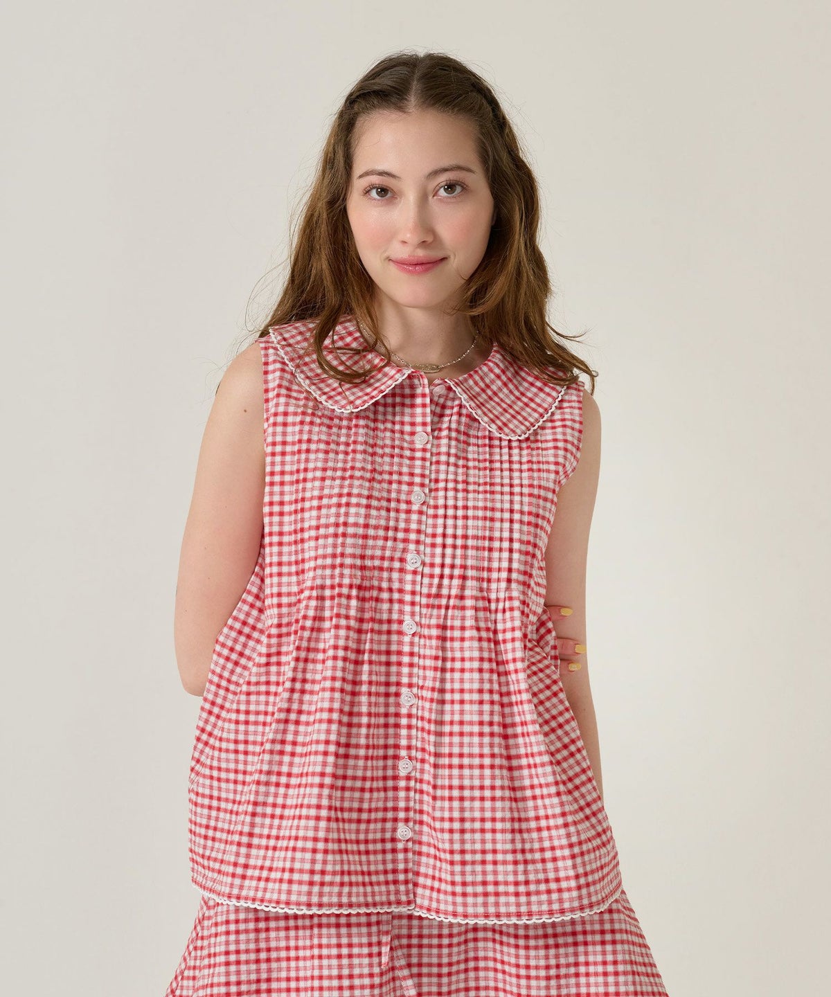 ノースリーブ/ ブラウス/チェック/レッド