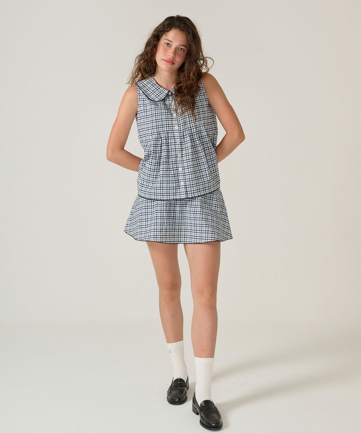 ノースリーブ/ ブラウス/チェック/ネイビー