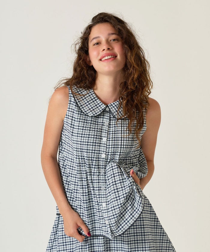 ノースリーブ/ ブラウス/チェック/ネイビー