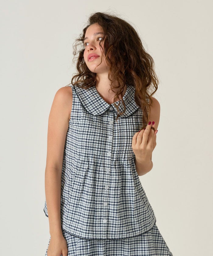 ノースリーブ/ ブラウス/チェック/ネイビー