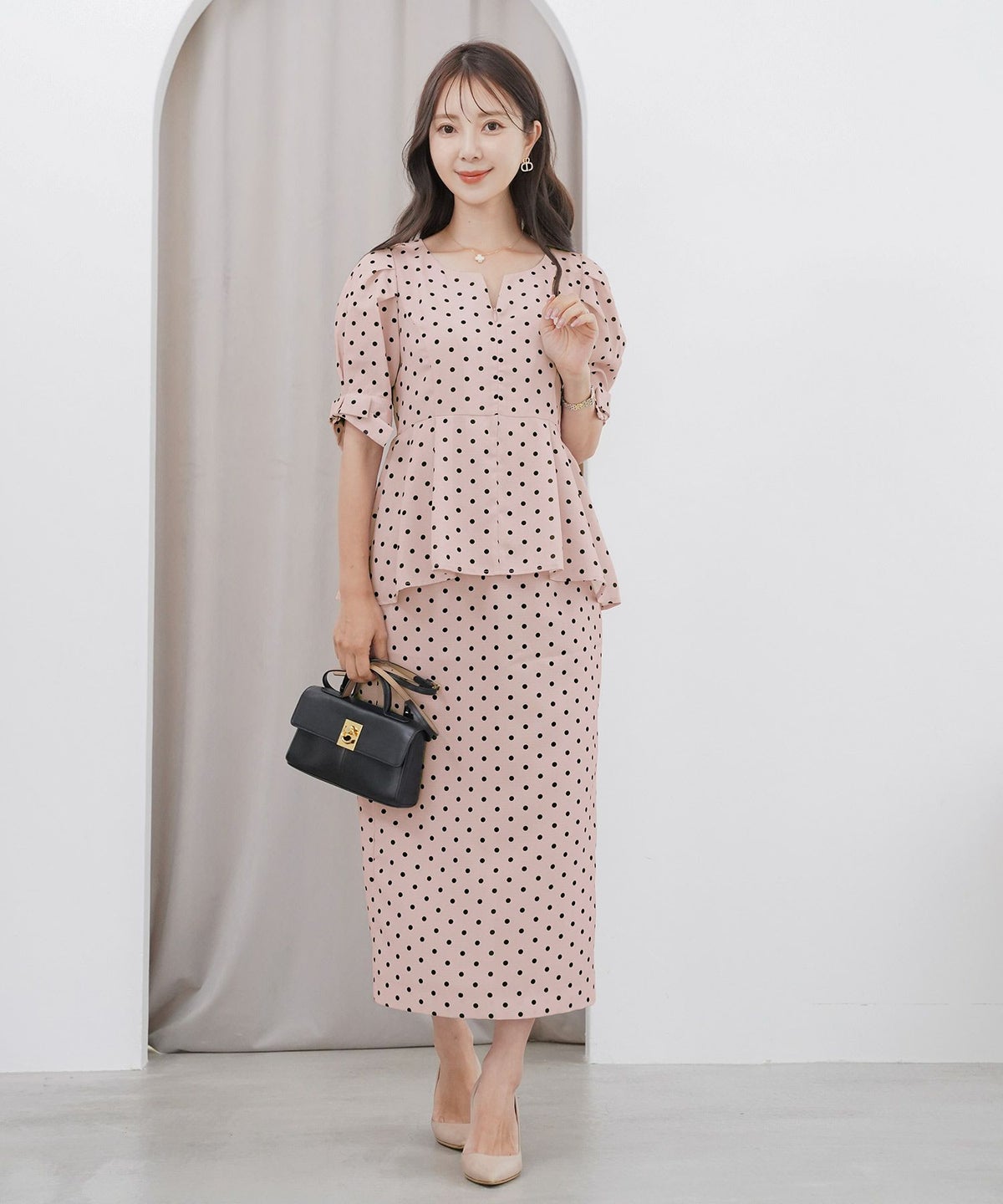 レディーススカートボトムスタイトスリットドット柄ウエストゴムファスナー薄手セットアップシンプルオフィスカジュアルフェミニン上品エレガント裏地