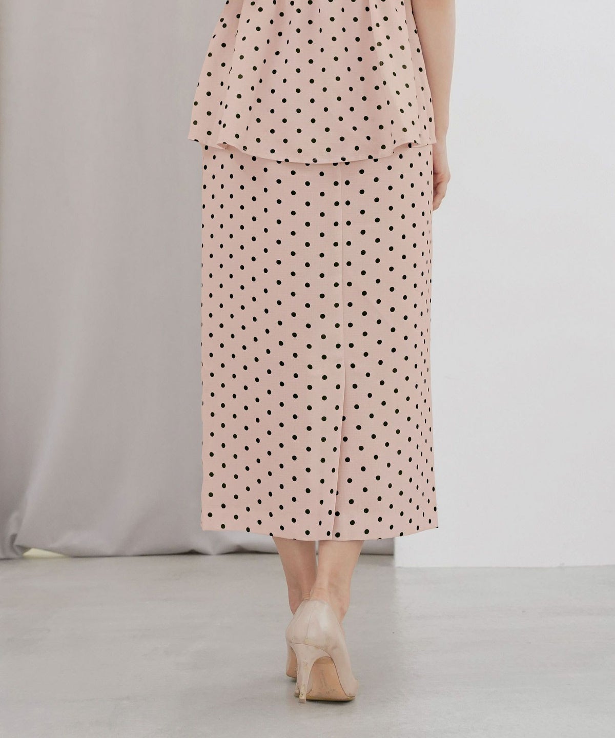 レディーススカートボトムスタイトスリットドット柄ウエストゴムファスナー薄手セットアップシンプルオフィスカジュアルフェミニン上品エレガント裏地