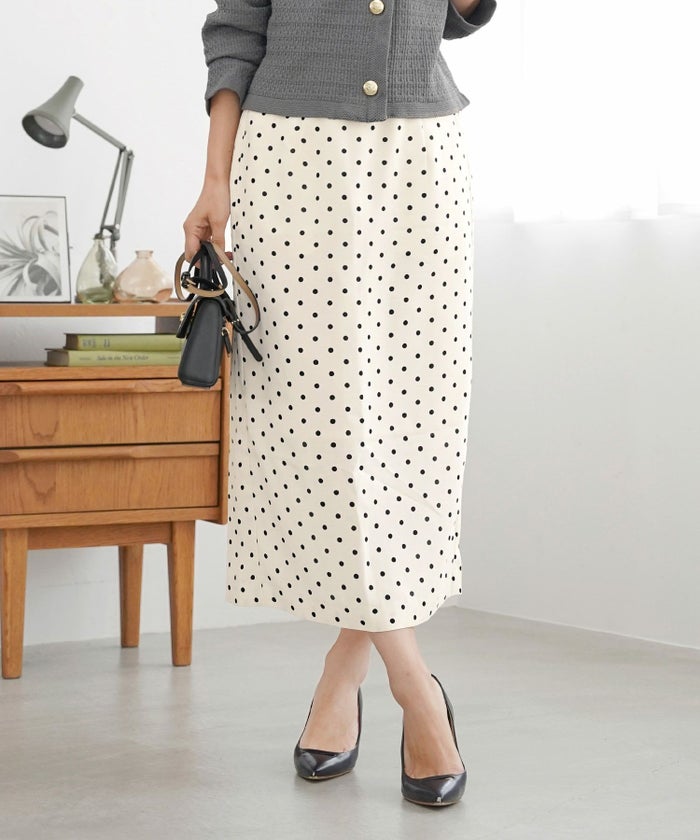 レディーススカートボトムスタイトスリットドット柄ウエストゴムファスナー薄手セットアップシンプルオフィスカジュアルフェミニン上品エレガント裏地