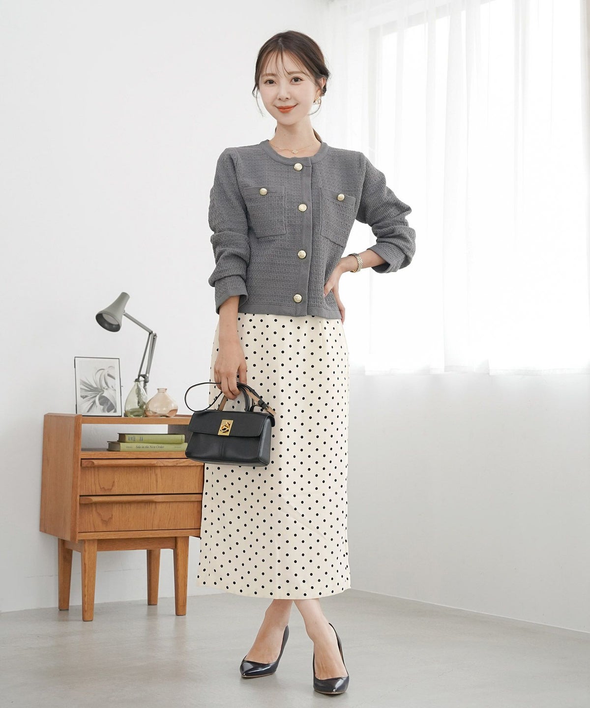 レディーススカートボトムスタイトスリットドット柄ウエストゴムファスナー薄手セットアップシンプルオフィスカジュアルフェミニン上品エレガント裏地