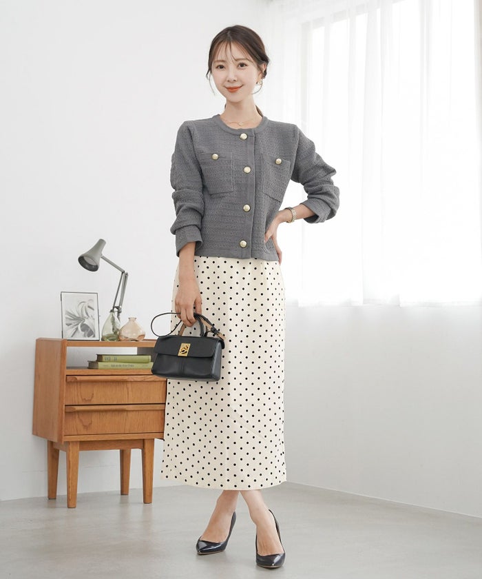 レディーススカートボトムスタイトスリットドット柄ウエストゴムファスナー薄手セットアップシンプルオフィスカジュアルフェミニン上品エレガント裏地