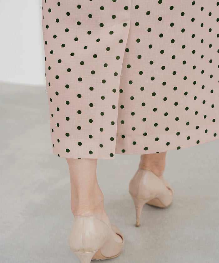 レディーススカートボトムスタイトスリットドット柄ウエストゴムファスナー薄手セットアップシンプルオフィスカジュアルフェミニン上品エレガント裏地