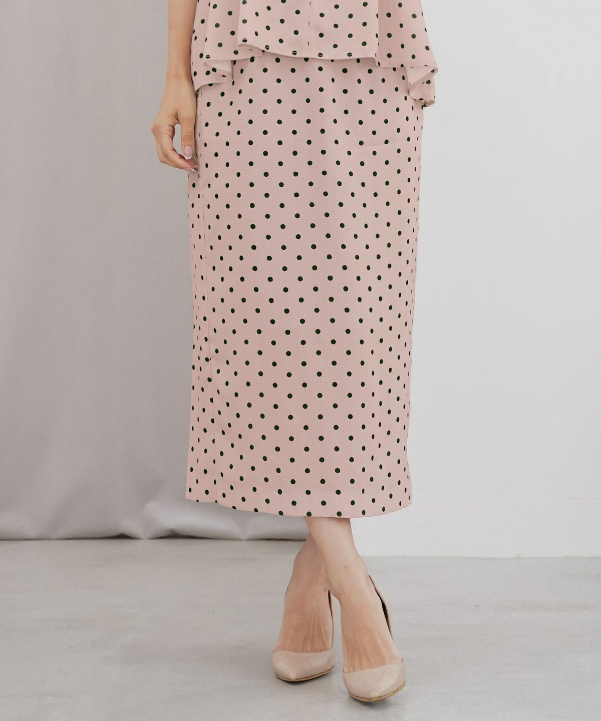 レディーススカートボトムスタイトスリットドット柄ウエストゴムファスナー薄手セットアップシンプルオフィスカジュアルフェミニン上品エレガント裏地