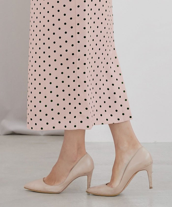 レディーススカートボトムスタイトスリットドット柄ウエストゴムファスナー薄手セットアップシンプルオフィスカジュアルフェミニン上品エレガント裏地