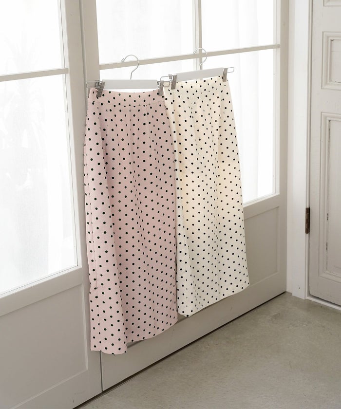 レディーススカートボトムスタイトスリットドット柄ウエストゴムファスナー薄手セットアップシンプルオフィスカジュアルフェミニン上品エレガント裏地