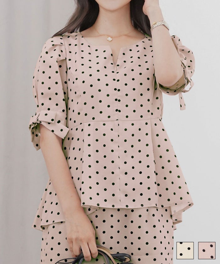 レディース ブラウス トップス ペプラム フロントファスナー 袖リボン ウエストゴム パンツスタイル オフィスカジュアル ドット柄 半袖 5分袖 薄手 真夏 春 夏 秋 フェミニン 上品 カジュアル エレガント ドット柄 袖リボン ペプラム ブラウス le reve vaniller