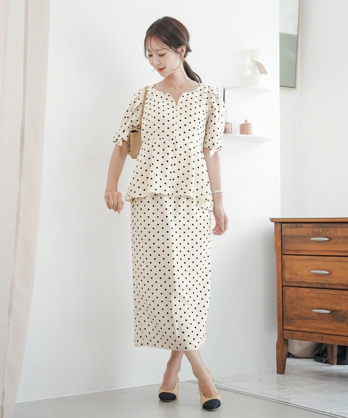 レディースブラウストップスペプラムフロントファスナー袖リボンウエストゴムパンツスタイルオフィスカジュアルドット柄半袖5分袖薄手真夏春夏秋フェミニン上品カジュアルエレガント