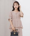 レディースブラウストップスペプラムフロントファスナー袖リボンウエストゴムパンツスタイルオフィスカジュアルドット柄半袖5分袖薄手真夏春夏秋フェミニン上品カジュアルエレガント