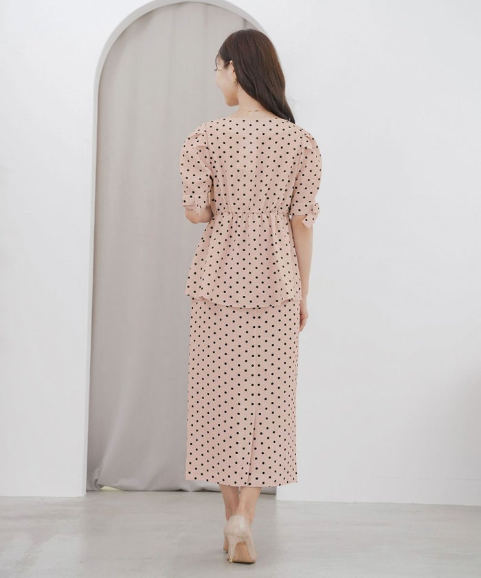 レディースブラウストップスペプラムフロントファスナー袖リボンウエストゴムパンツスタイルオフィスカジュアルドット柄半袖5分袖薄手真夏春夏秋フェミニン上品カジュアルエレガント