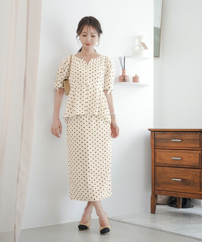 レディースブラウストップスペプラムフロントファスナー袖リボンウエストゴムパンツスタイルオフィスカジュアルドット柄半袖5分袖薄手真夏春夏秋フェミニン上品カジュアルエレガント
