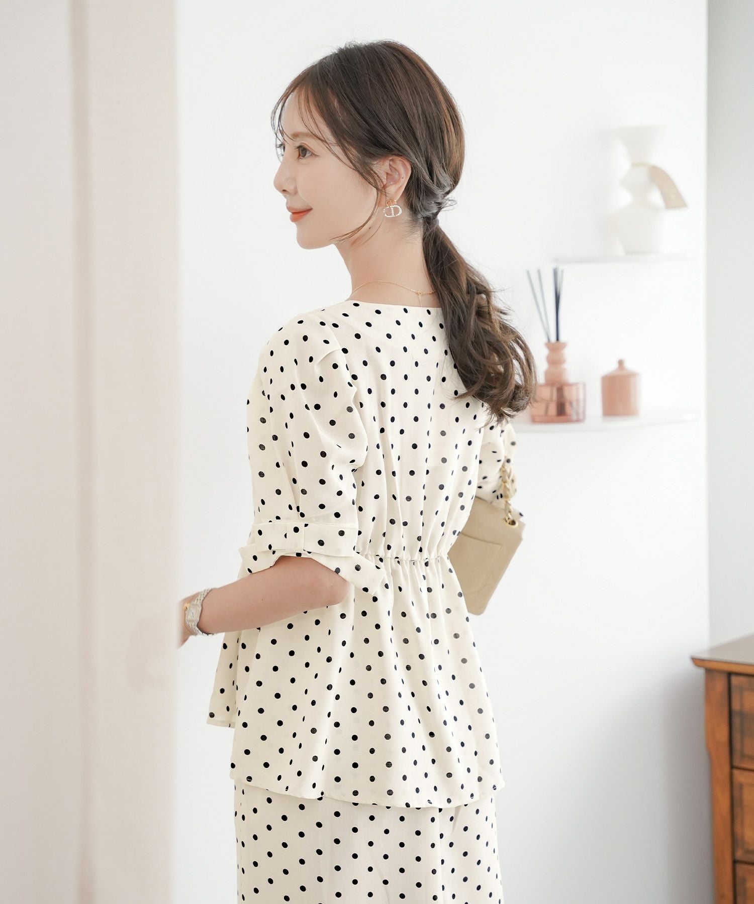 lvn831-2093　ドット柄 袖 リボン ペプラム ブラウス le reve vaniller