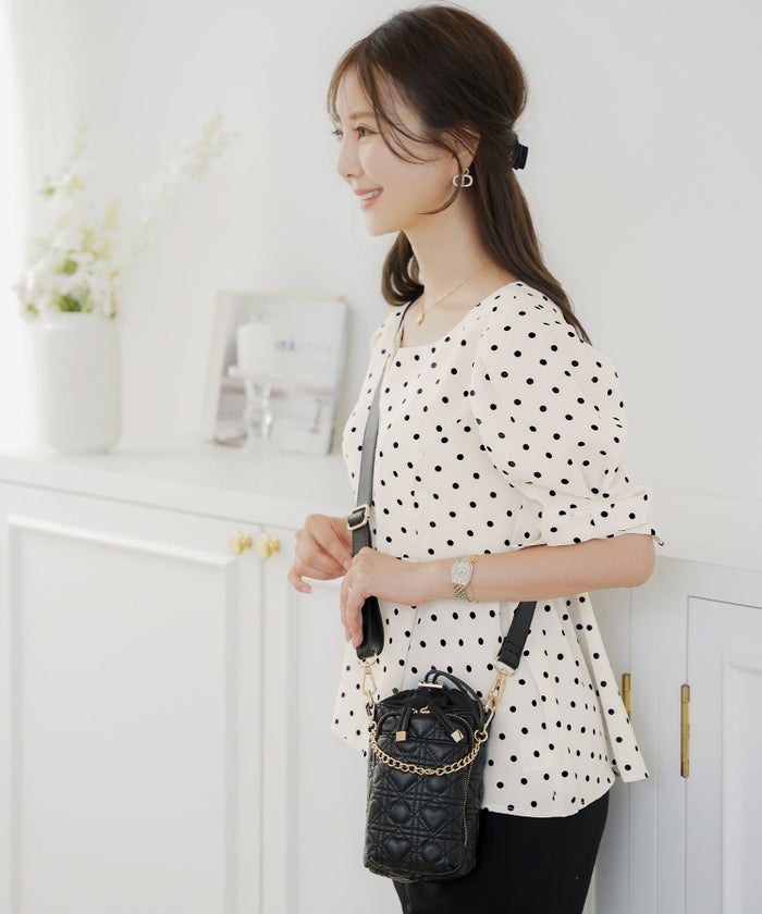 レディースブラウストップスペプラムフロントファスナー袖リボンウエストゴムパンツスタイルオフィスカジュアルドット柄半袖5分袖薄手真夏春夏秋フェミニン上品カジュアルエレガント