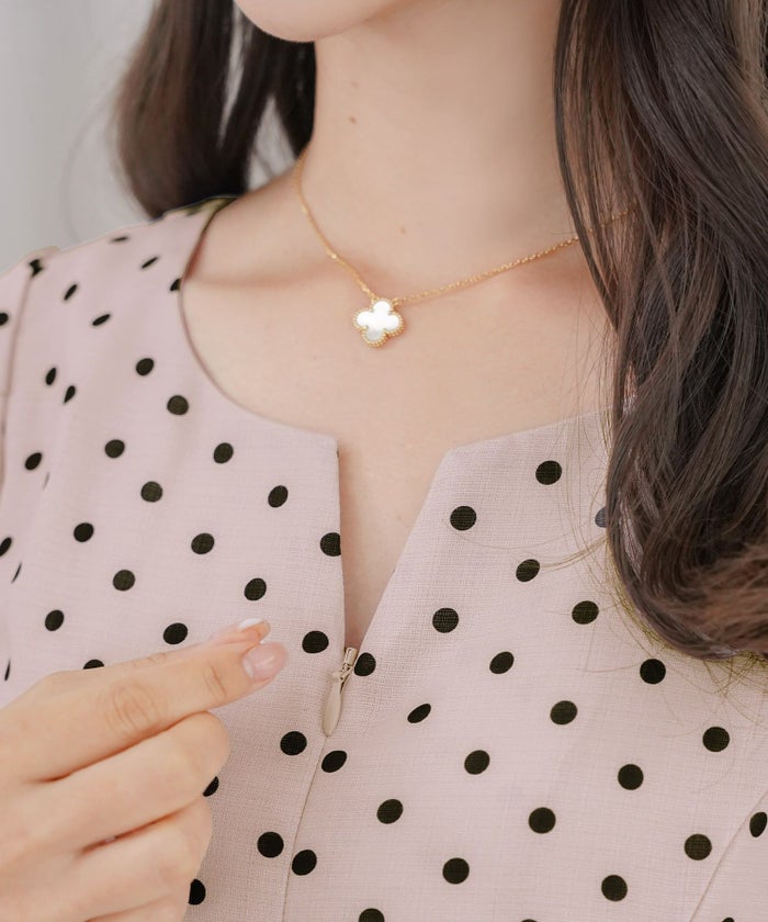 レディースブラウストップスペプラムフロントファスナー袖リボンウエストゴムパンツスタイルオフィスカジュアルドット柄半袖5分袖薄手真夏春夏秋フェミニン上品カジュアルエレガント