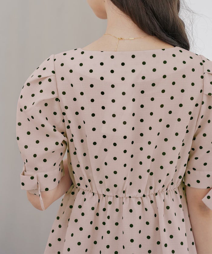 レディースブラウストップスペプラムフロントファスナー袖リボンウエストゴムパンツスタイルオフィスカジュアルドット柄半袖5分袖薄手真夏春夏秋フェミニン上品カジュアルエレガント