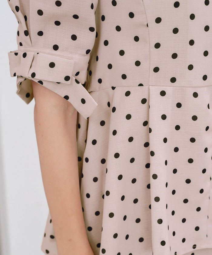 レディースブラウストップスペプラムフロントファスナー袖リボンウエストゴムパンツスタイルオフィスカジュアルドット柄半袖5分袖薄手真夏春夏秋フェミニン上品カジュアルエレガント