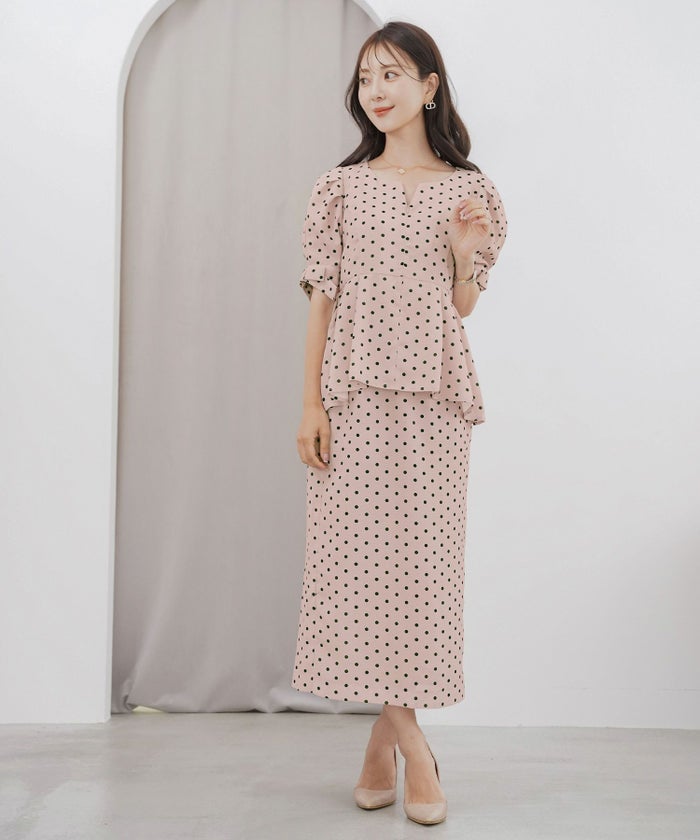 レディースブラウストップスペプラムフロントファスナー袖リボンウエストゴムパンツスタイルオフィスカジュアルドット柄半袖5分袖薄手真夏春夏秋フェミニン上品カジュアルエレガント