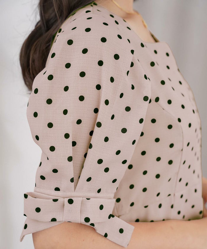 レディースブラウストップスペプラムフロントファスナー袖リボンウエストゴムパンツスタイルオフィスカジュアルドット柄半袖5分袖薄手真夏春夏秋フェミニン上品カジュアルエレガント