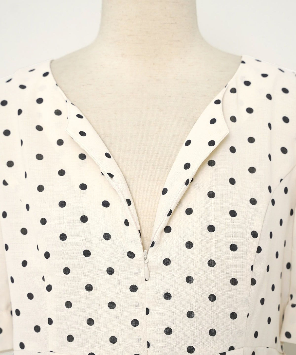 レディースブラウストップスペプラムフロントファスナー袖リボンウエストゴムパンツスタイルオフィスカジュアルドット柄半袖5分袖薄手真夏春夏秋フェミニン上品カジュアルエレガント