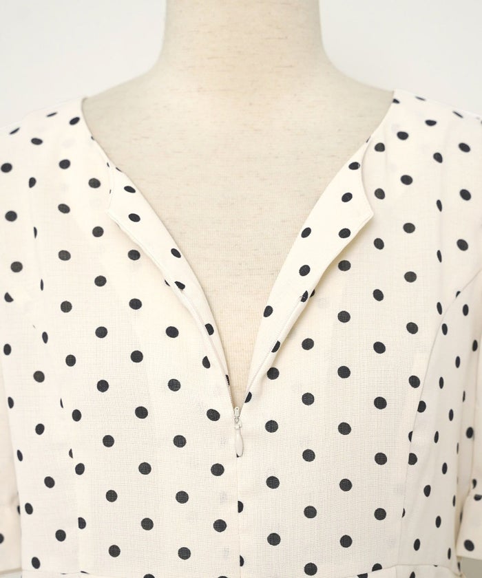 レディースブラウストップスペプラムフロントファスナー袖リボンウエストゴムパンツスタイルオフィスカジュアルドット柄半袖5分袖薄手真夏春夏秋フェミニン上品カジュアルエレガント