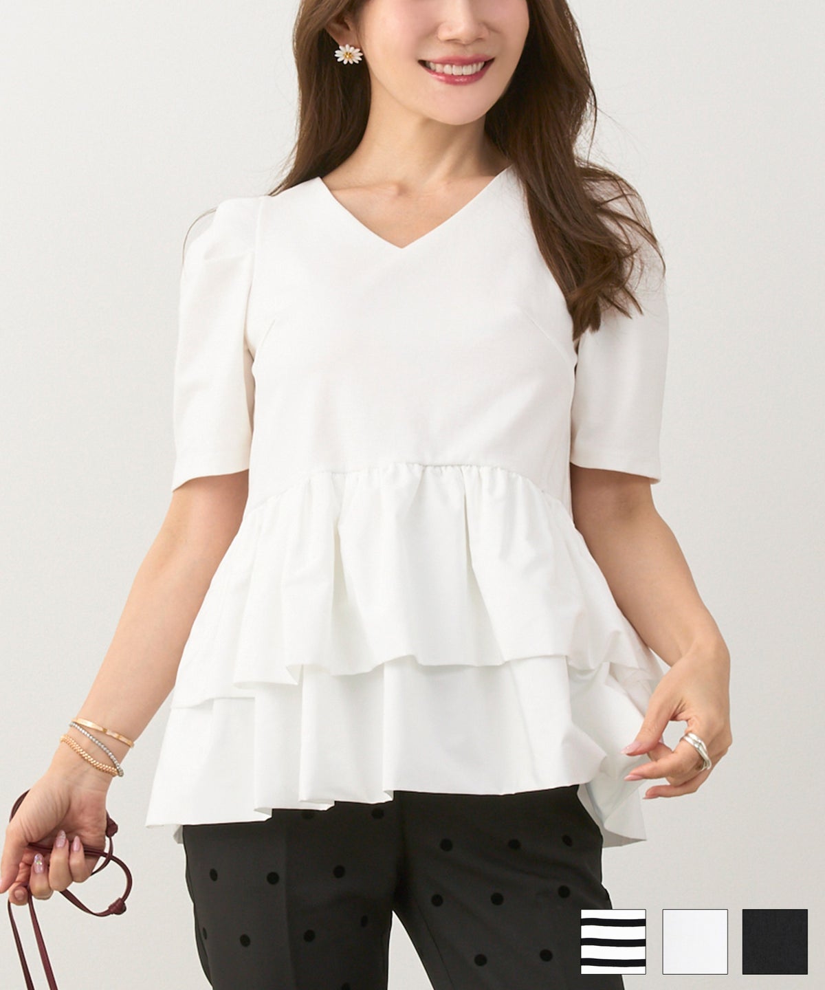 手洗い可かわいい上品きれいめ大人カジュアルオフィスシンプルVネック体型カバー異素材ジョイントスペース ２段ペプラム タック袖 ドッキング カットソー Liala×PG