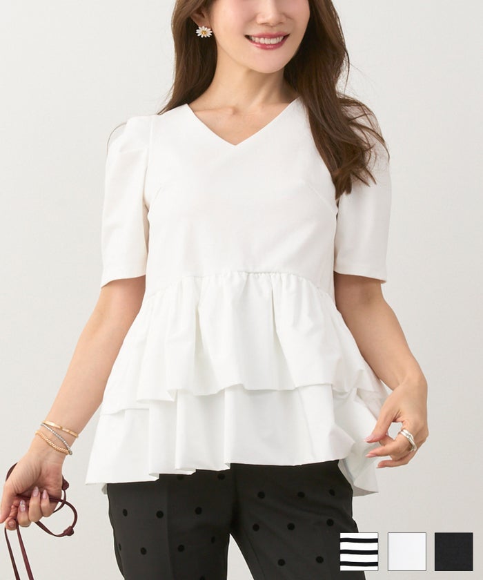 手洗い可かわいい上品きれいめ大人カジュアルオフィスシンプルVネック体型カバー異素材ジョイントスペース ２段ペプラム タック袖 ドッキング カットソー Liala×PG