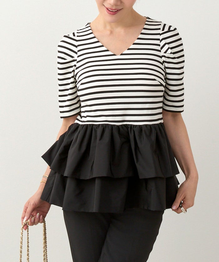 手洗い可かわいい上品きれいめ大人カジュアルオフィスシンプルVネック体型カバー異素材ジョイントスペース