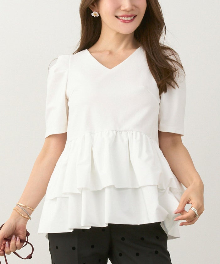 手洗い可かわいい上品きれいめ大人カジュアルオフィスシンプルVネック体型カバー異素材ジョイントスペース