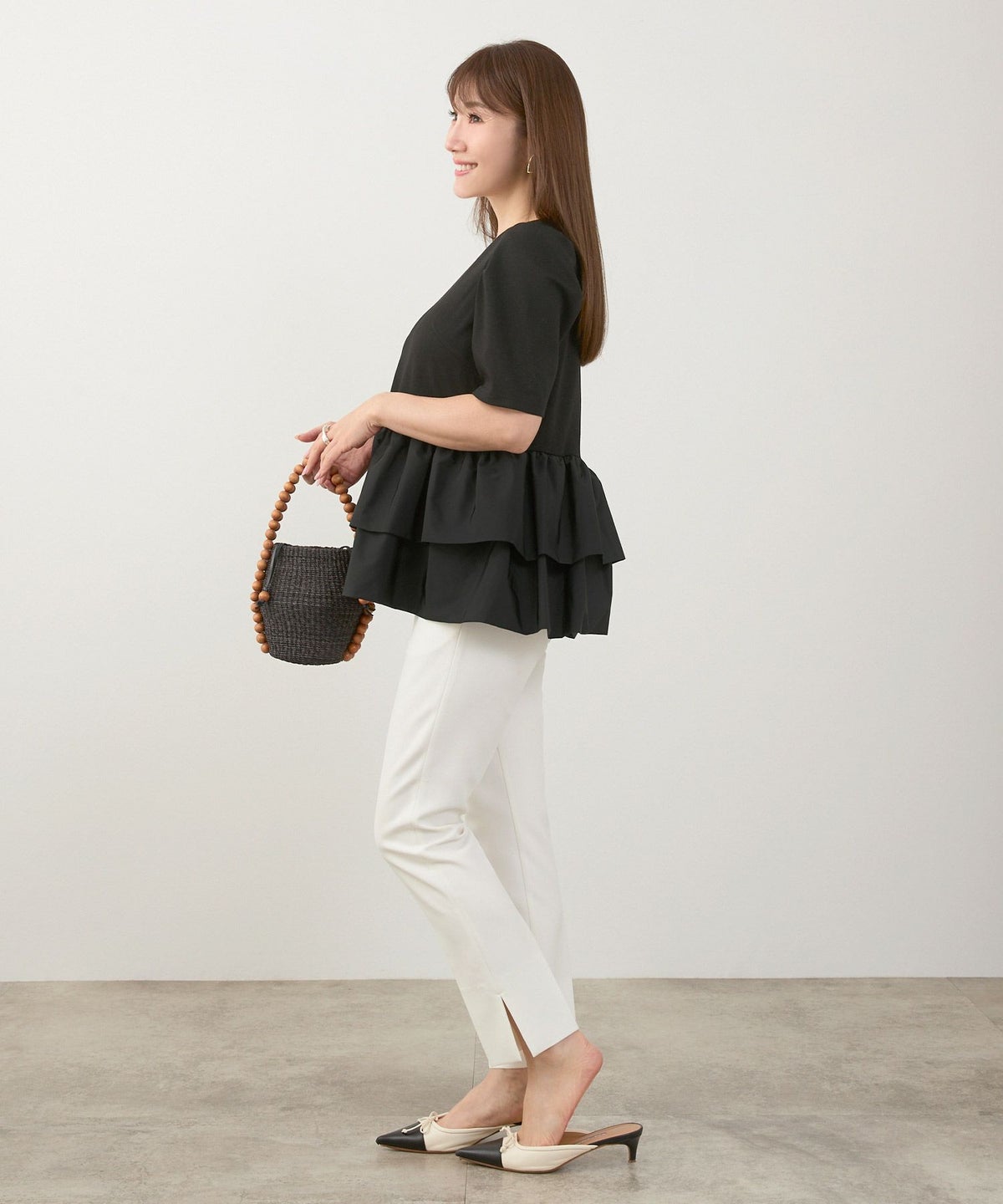 手洗い可かわいい上品きれいめ大人カジュアルオフィスシンプルVネック体型カバー異素材ジョイントスペース