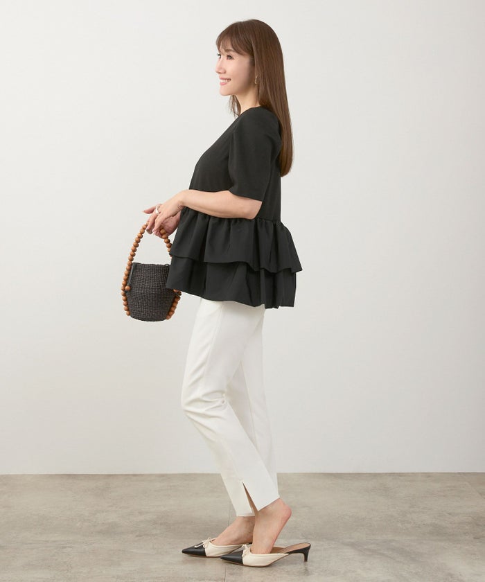 手洗い可かわいい上品きれいめ大人カジュアルオフィスシンプルVネック体型カバー異素材ジョイントスペース