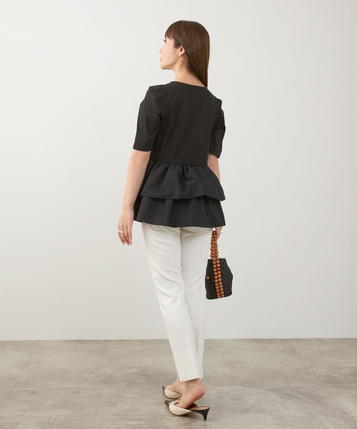 手洗い可かわいい上品きれいめ大人カジュアルオフィスシンプルVネック体型カバー異素材ジョイントスペース