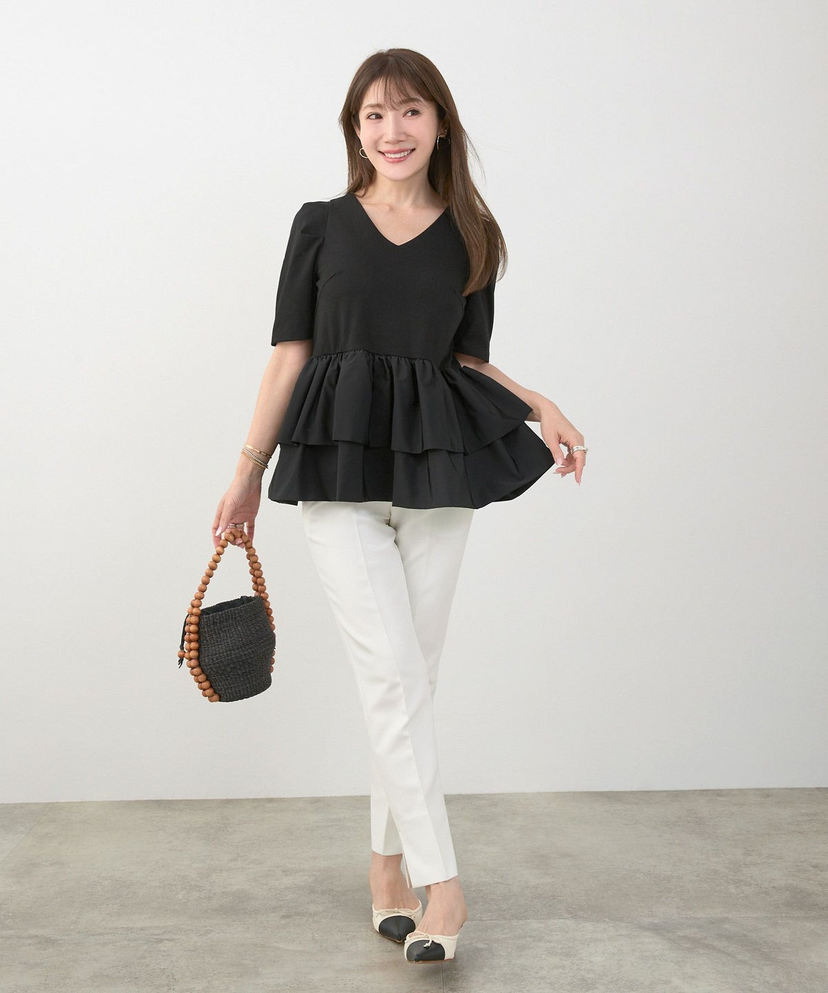 手洗い可かわいい上品きれいめ大人カジュアルオフィスシンプルVネック体型カバー異素材ジョイントスペース