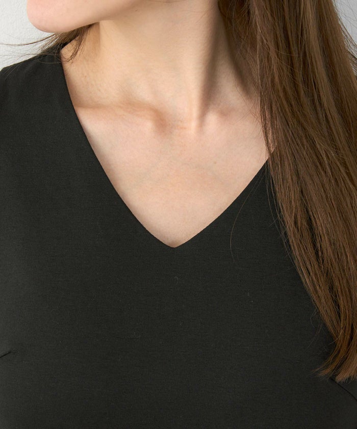 手洗い可かわいい上品きれいめ大人カジュアルオフィスシンプルVネック体型カバー異素材ジョイントスペース