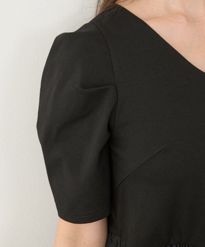 手洗い可かわいい上品きれいめ大人カジュアルオフィスシンプルVネック体型カバー異素材ジョイントスペース