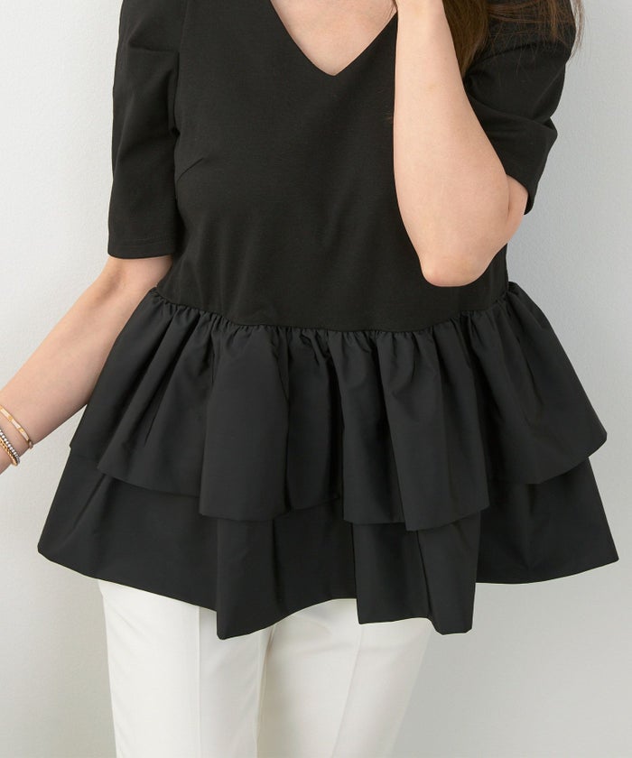 手洗い可かわいい上品きれいめ大人カジュアルオフィスシンプルVネック体型カバー異素材ジョイントスペース