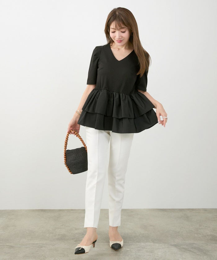 手洗い可かわいい上品きれいめ大人カジュアルオフィスシンプルVネック体型カバー異素材ジョイントスペース