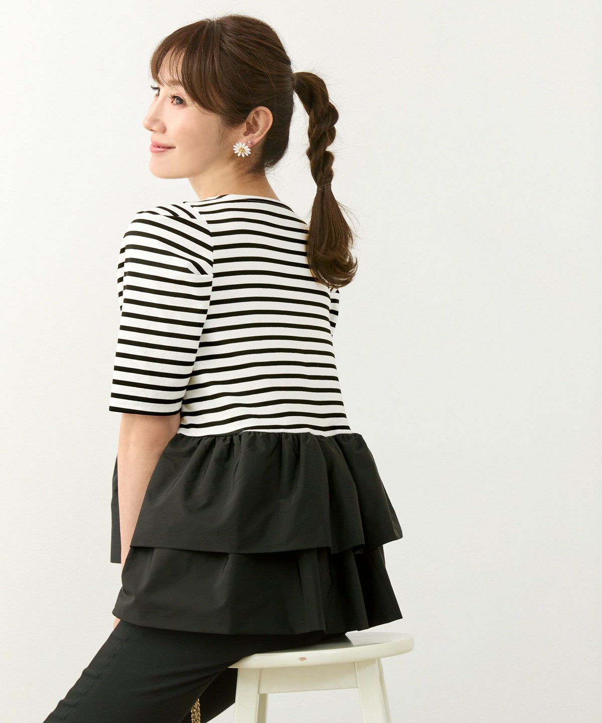 手洗い可かわいい上品きれいめ大人カジュアルオフィスシンプルVネック体型カバー異素材ジョイントスペース