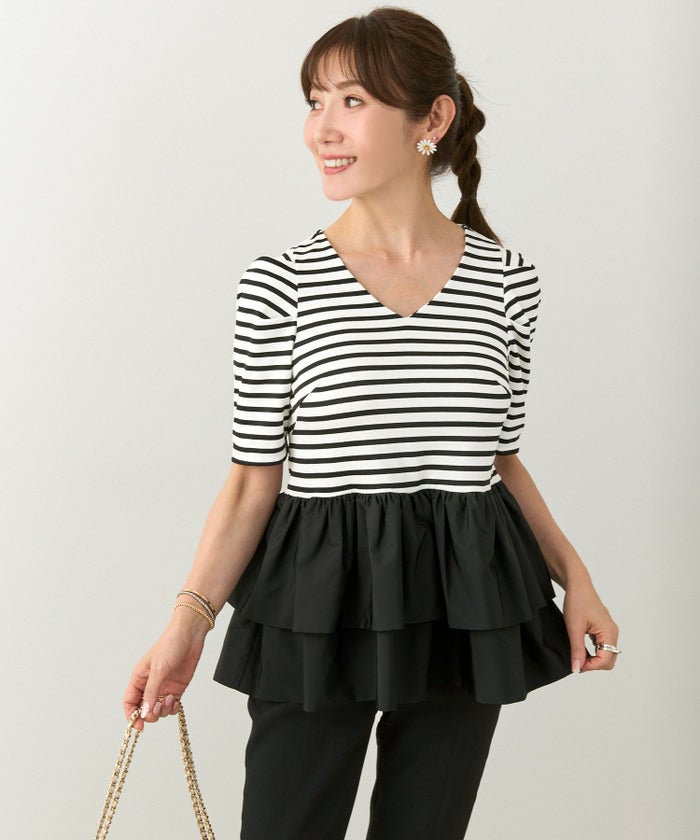 手洗い可かわいい上品きれいめ大人カジュアルオフィスシンプルVネック体型カバー異素材ジョイントスペース