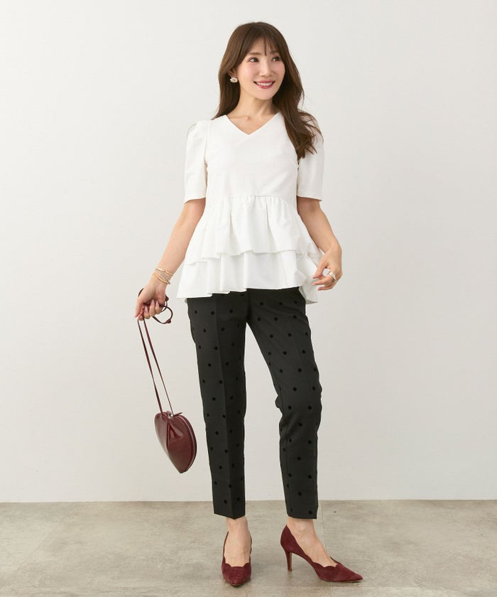 手洗い可かわいい上品きれいめ大人カジュアルオフィスシンプルVネック体型カバー異素材ジョイントスペース